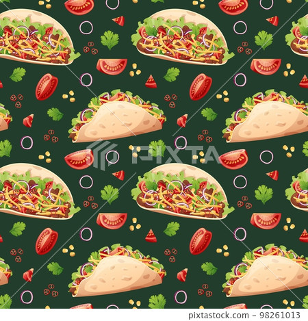Seamless pattern with tacos. Texture with traditional mexican food. Great for wallpapers, menu decor, restaurants. Seamless pattern with tacos. Texture with traditional mexican food. Great for wallpapers, menu decor, restaurants. 98261013