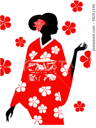 穿著和服和櫻花的女人的剪影 穿著和服和櫻花的女人的剪影 98261548