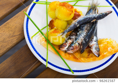 Deliciously fried sprats with scone and potato croquettes on plate Deliciously fried sprats with scone and potato croquettes on plate 98261587