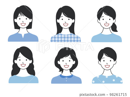 微笑的女性圖標集各種髮型變化藍色 B 98261715