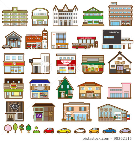 Vector illustration of various buildings. Front view of the building. 98262115