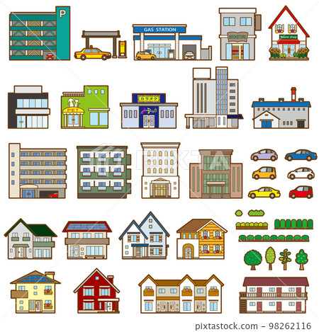 各種建築物的矢量插圖.建築物的前視圖。 98262116