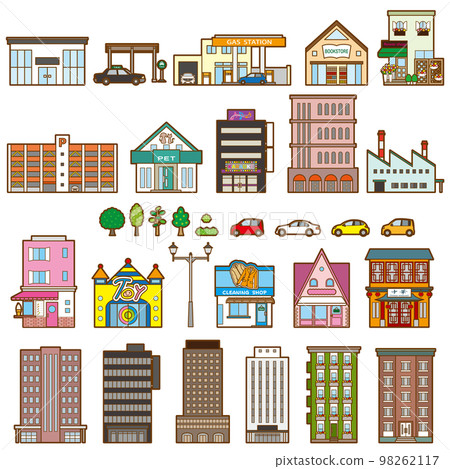 Vector illustration of various buildings. Front view of the building. 98262117