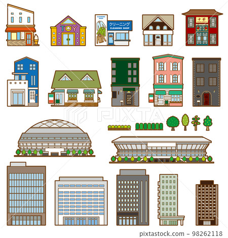 各種建築物的矢量插圖.建築物的前視圖。 98262118