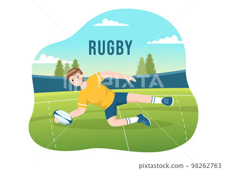 Rugby Player Running Illustration with a Ball in Championship Sport for Web Banner or Landing Page in Flat Cartoon Hand Drawn Templates 98262763