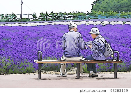 柔和風格“薰衣草田和坐在長椅上的一對老年夫婦”插圖圖像 柔和風格“薰衣草田和坐在長椅上的一對老年夫婦”插圖圖像 98263139