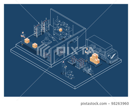 3D isometric Warehouse Logistic concept with Workers loading products on the trucks, Transportation operation service, Export, Import, forklift, pallets, cardboard boxes. Vector illustration EPS 10 3D isometric Warehouse Logistic concept with Workers loading products on the trucks, Transportation operation service, Export, Import, forklift, pallets, cardboard boxes. Vector illustration EPS 10 98263960