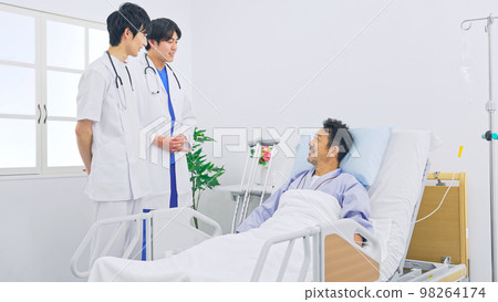 Doctors and nurses talking to patients in hospital rooms 98264174