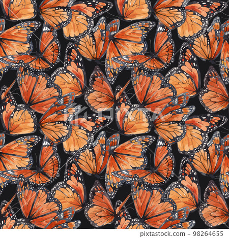 Beautiful vector autotraced seamless pattern with cute watercolor butterflies. Stock illustration. 98264655