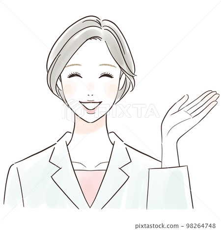 A woman in a white coat guiding with a smile A woman in a white coat guiding with a smile 98264748