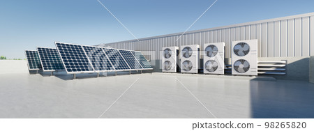 3d rendering of solar panel, condenser unit on rooftop. 98265820