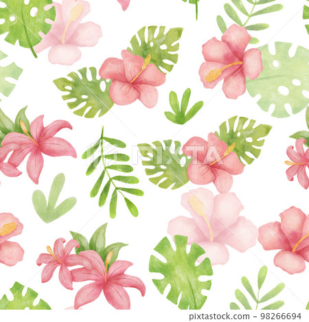 Watercolor tropical seamless pattern with pink hibiscus and leaves on white. Summer floral print 98266694
