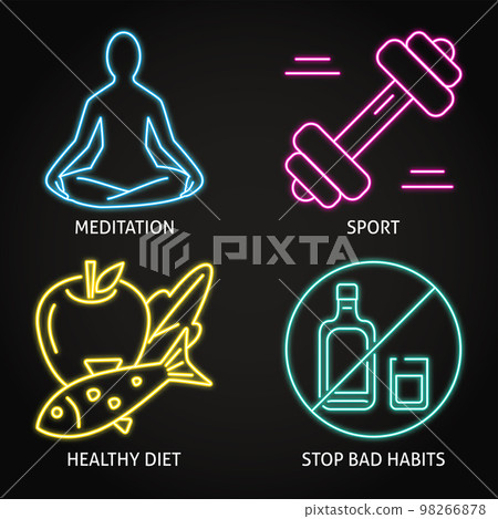 Neon healthy lifestyle icon set 98266878