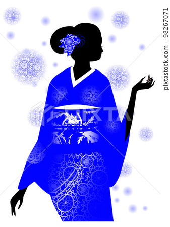 身穿和服、花卉圖案和圓點的女性剪影 98267071