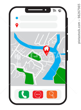 map on phone with a pin as a house and black phone frame : vector. 98267985