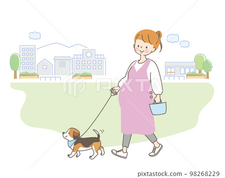 Illustration of a young pregnant woman walking the dog 98268229