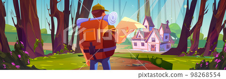 Hiker with backpack and map in forest with house Hiker with backpack and map in forest with house 98268554