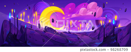 Fantasy cosmos scene with alien planet landscape Fantasy cosmos scene with alien planet landscape 98268709