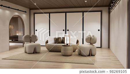 Muji Sofa armchair on Living room empty japandi style. Muji Sofa armchair on Living room empty japandi style. 98269105