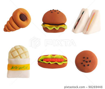一套 6 個不同的麵包(3D 粘土插圖) 一套 6 個不同的麵包(3D 粘土插圖) 98269448