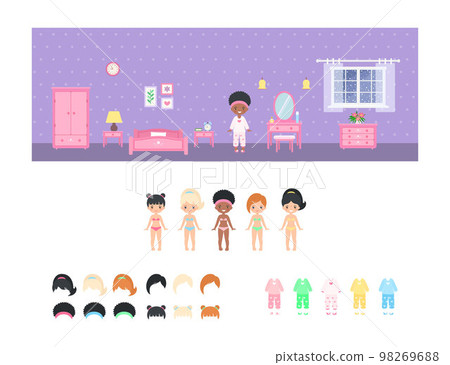 African American chibi girl dressed in pajamas in bedroom. Dress up paper doll African American chibi girl dressed in pajamas in bedroom. Dress up paper doll 98269688