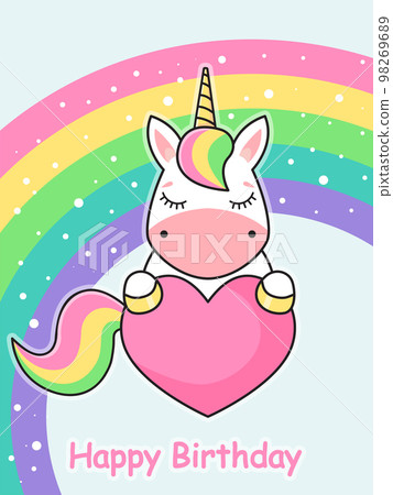 Cute unicorn and rainbow. Birthday card. Vector illustration Cute unicorn and rainbow. Birthday card. Vector illustration 98269689