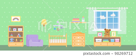 Nursery with window, furniture and toys on green background 98269712