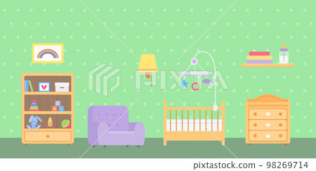 Nursery with furniture and toys on green background 98269714