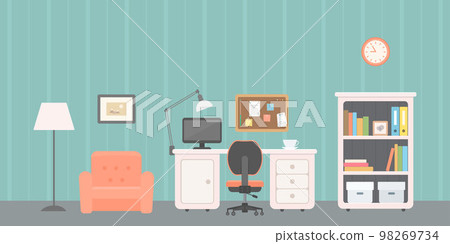Office furniture, computer, cork board and armchair, on green background 98269734