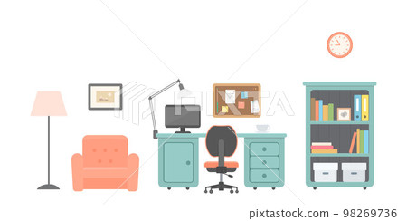 Office furniture, computer, cork board and armchair, on white background Office furniture, computer, cork board and armchair, on white background 98269736