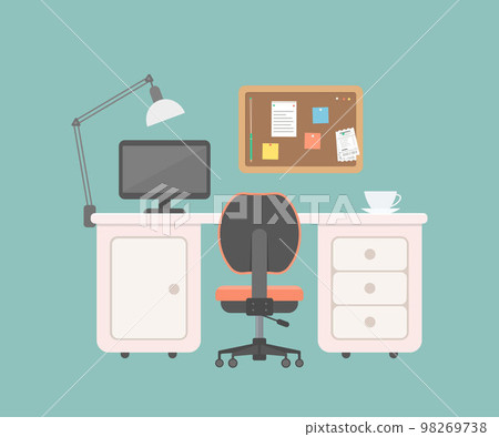 Office desk, chair, computer and cork board on green background 98269738