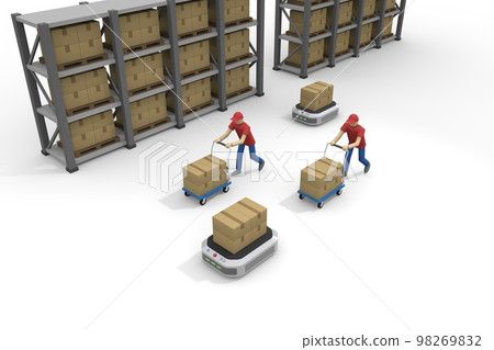 A person who works in a warehouse. Organize your luggage. A robot that automatically transports. An unmanned delivery machine. work in a factory. 98269832