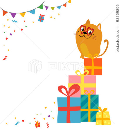 Funny cartoon cat on the mountain of gifts for birthday invitation 98269896