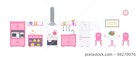 Pink kitchen with utensils, kitchen appliances and dining table on white background 98270076