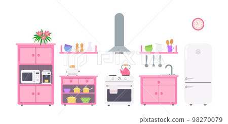 Pink kitchen with utensils and kitchen appliances on white background. Doll house interior concept Pink kitchen with utensils and kitchen appliances on white background. Doll house interior concept 98270079