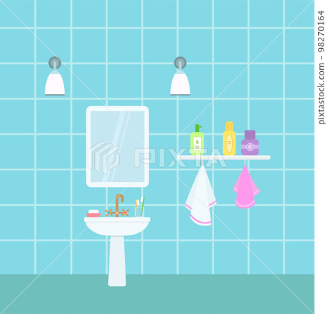 Bathroom sink with mirror and towels on blue background. Cartoon flat style 98270164
