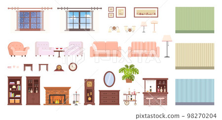 Interior constructor. Set of mahogany furniture, cozy armchairs, fireplace and grandfather clock Interior constructor. Set of mahogany furniture, cozy armchairs, fireplace and grandfather clock 98270204