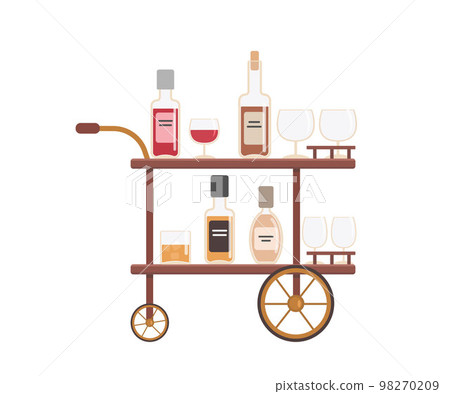 Bar cart with bottles and glasses on white background Bar cart with bottles and glasses on white background 98270209