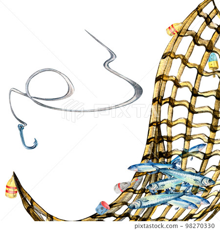 Composition of anchovies and fishnet watercolor illustration isolated on white. Composition of anchovies and fishnet watercolor illustration isolated on white. 98270330
