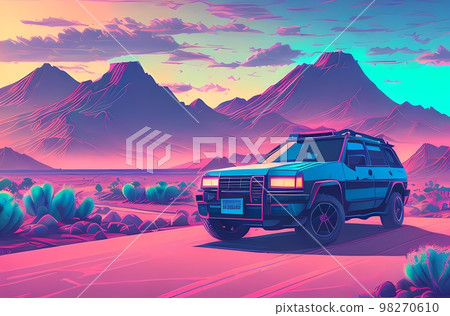 a car is parked in the desert with a cactus and a sunset in the background, with a blue sky a car is parked in the desert with a cactus and a sunset in the background, with a blue sky 98270610