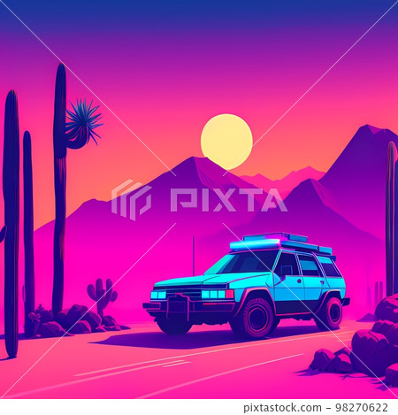 a car is parked in the desert with a cactus and a sunset in the background, with a pink sky a car is parked in the desert with a cactus and a sunset in the background, with a pink sky 98270622