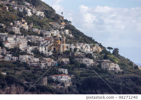Touristic Town, Vettica Maggiore, on Rocky Cliffs and Mountains by the Sea. Amalfi Coast, Italy. Touristic Town, Vettica Maggiore, on Rocky Cliffs and Mountains by the Sea. Amalfi Coast, Italy. 98271240