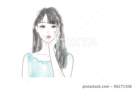 將手放在臉上的長發女人(橫位) 將手放在臉上的長發女人(橫位) 98271306