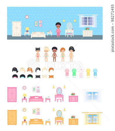 African american cute chibi girl dressed in pajamas in bedroom. Create your interior 98271493