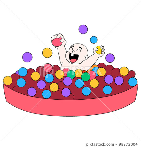 baby boy is acting cute playing ball in the tub 98272004