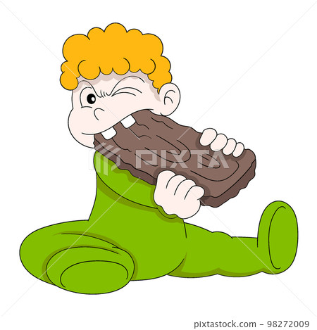 baby boy is doing funny behavior biting thick meat while eating 98272009