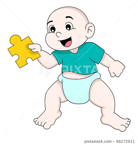 baby boy is doing funny behavior bringing puzzle piece solution 98272011