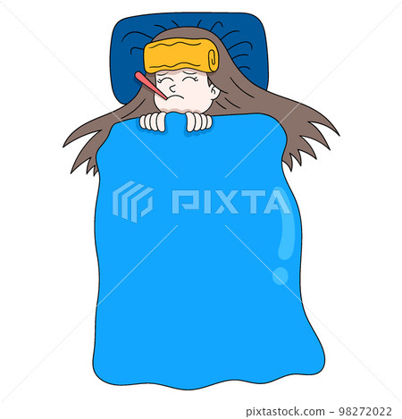 beautiful girl is resting sleeping sick head fever on the compress 98272022