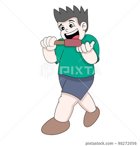 fat boy is walking while eating corndog fat boy is walking while eating corndog 98272056