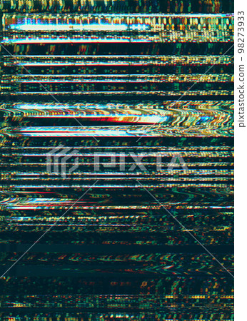 Glitch overlay. Distorted display. Multicolor striped background. 98273933